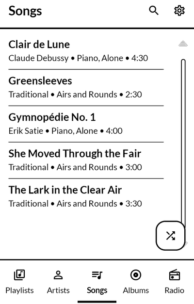 Music Box listing songs, with Playlists, Artists, Songs, Albums and Radio along the foot