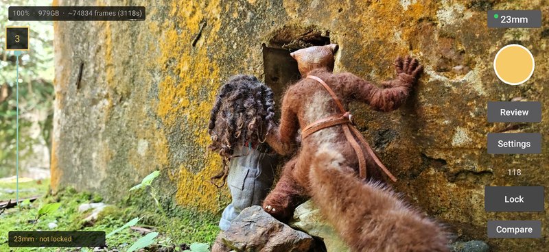 Stop Motion's capture screen over a frame from a stop-motion film: two felt puppets at a hole in a mossy stone wall, with the lens, shutter, Review, Settings, Lock and Compare down the side