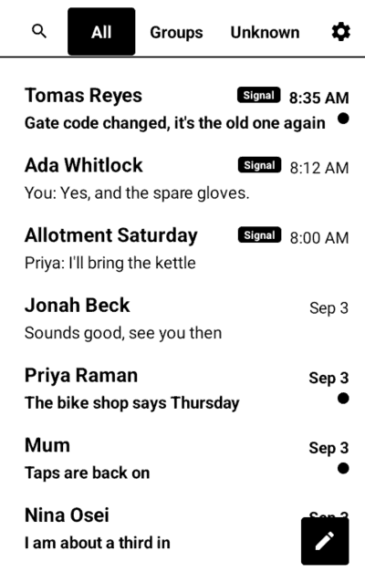 The Messaging inbox: Signal and text conversations in one list, newest first