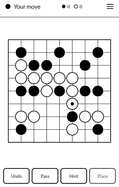 Go, a game in progress on a nine by nine board