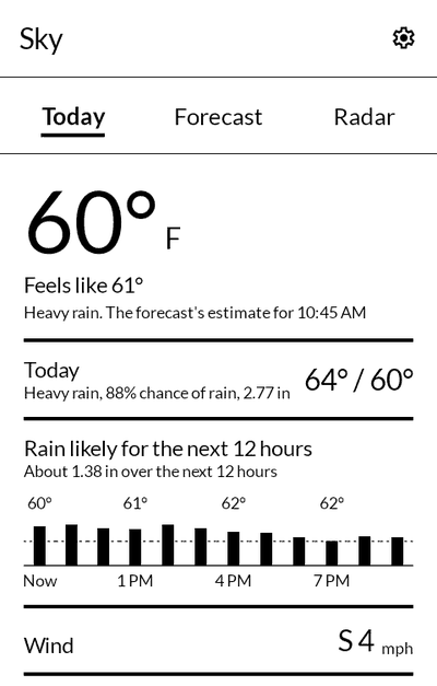 Sky showing 60 degrees, and rain likely for the next twelve hours